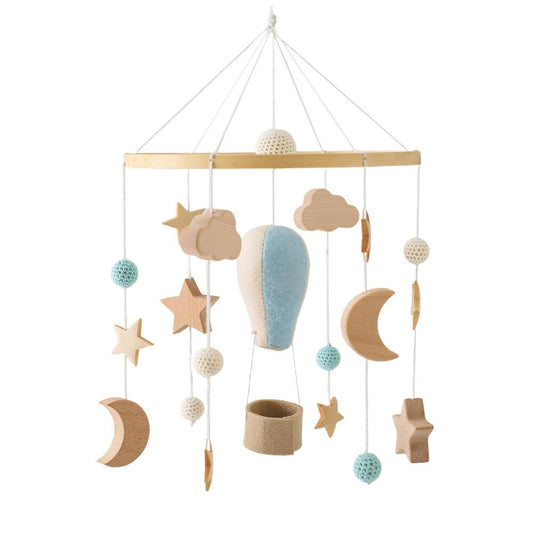 Baby Crib Mobile for Boys Girls, Wooden Boho Nursery Mobile Hot Air Balloon Stars Moon Space Bed Bell Hanging Toys Pendant Wind Chimes Decorations, Blue