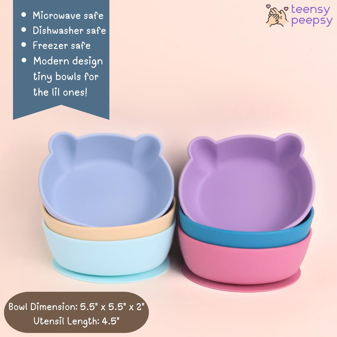 Bear Silicone Baby Bowl Suction Baby Spoon and Fork for Babies 6 months+ Suction Bowls for Baby Utensils 6-12M+ BLW Essentials (Peach Lilac)