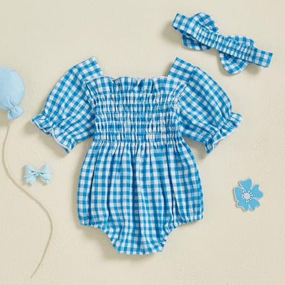 Infant Baby Girls Romper Ruffle Sleeve Pleated Smocked Bubble Plaid One Piece Ruched Jumpsuit Summer Bodysuit