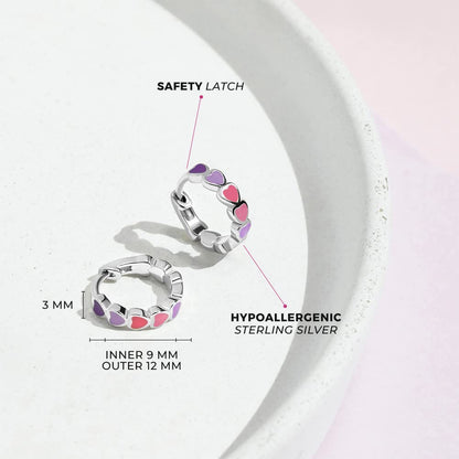 925 Sterling Silver Tiny Heart Enamel Huggie Hoop Earrings - Multicolored Heart Themed Hoops