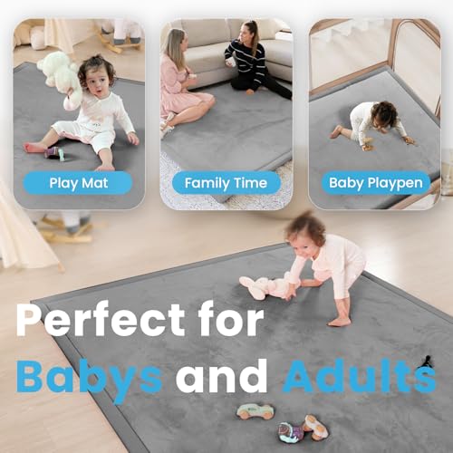 1.3" Thick Baby Play Mat,Ultra Soft Elasti-Foam 50×50 Playpen Mat for Tummy Time,Water-Repellent Coral Fleece Nursery Rug for Infants,Toddlers,Kids,Non-Slip Safe for Crawling(Light Grey)