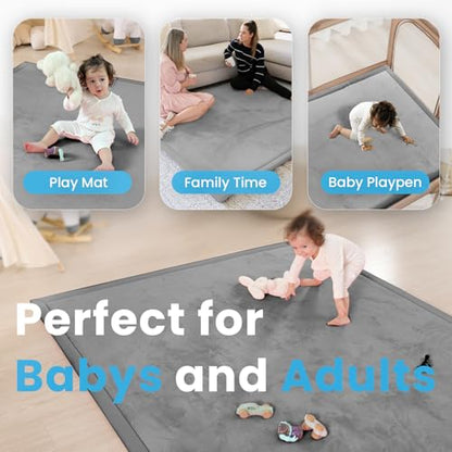 1.3" Thick Baby Play Mat,Ultra Soft Elasti-Foam 50×50 Playpen Mat for Tummy Time,Water-Repellent Coral Fleece Nursery Rug for Infants,Toddlers,Kids,Non-Slip Safe for Crawling(Light Grey)