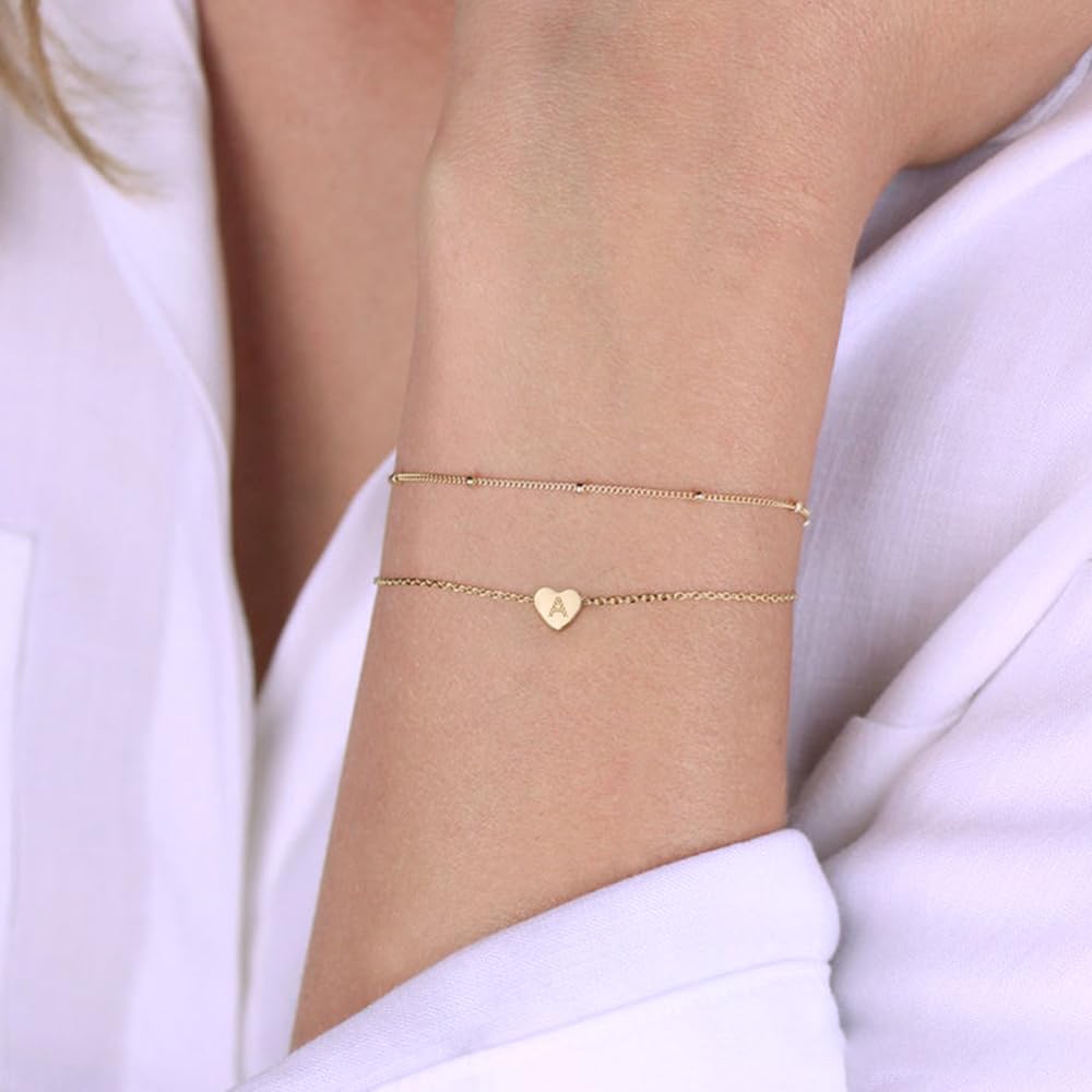 Turandoss Dainty Heart Initial Bracelets for Women Girls, 14K Gold Filled Handmade Personalized Letter Layered Heart Initial Bracelets for Women Teen Girls Jewelry Gifts