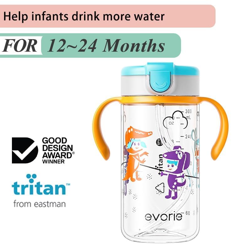 Evorie Tritan Spill Proof Toddler Straw Sippy Cup, 10 oz for Baby and Toddlers 1-3 Years Old, No Spill Straw Water Bottle with Removable Handles, Ideal for School, BPA-Free, Pink Rabbit