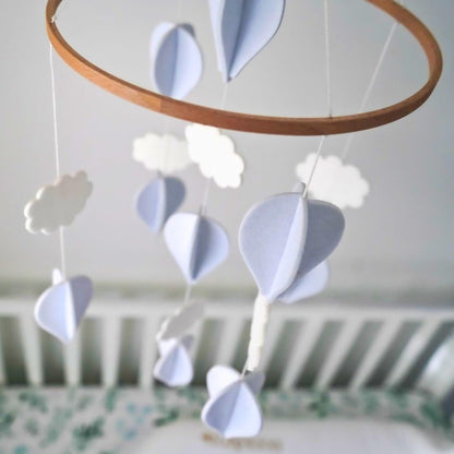 Handmade Baby Crib Mobile | White & Pale Grey | Hot Air Balloons & Clouds | Eco-Friendly Felt & Organic Beech Wood | Gender Neutral Nursery Decor | Simple & Modern Design