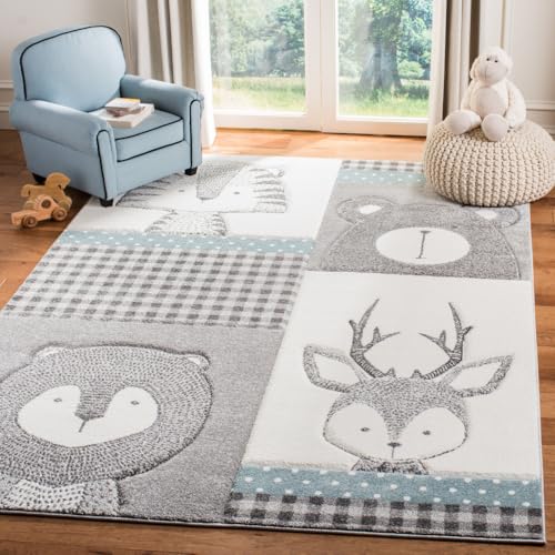 SAFAVIEH Carousel Kids Collection Area Rug - 5'3" Round, Grey & Ivory, Animal Design, Non-Shedding & Easy Care, Ideal for High Traffic Areas for Boys & Girls in Playroom, Nursery, Bedroom (CRK188B)