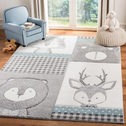 SAFAVIEH Carousel Kids Collection Area Rug - 5'3" Round, Grey & Ivory, Animal Design, Non-Shedding & Easy Care, Ideal for High Traffic Areas for Boys & Girls in Playroom, Nursery, Bedroom (CRK188B)