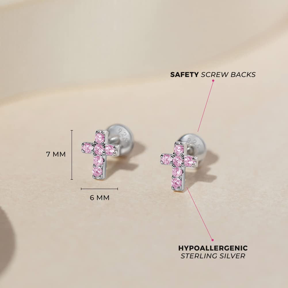 925 Sterling Silver Cubic Zirconia Little Cross Shape Stud Earrings with Safety Screw Back Lock for Toddlers, Little Girls, Pre-Teens & Teens - Christian Jewelry for Sweet & Loving Children