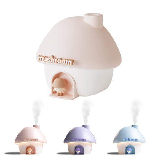 Cute Mushroom House Humidifier, 300ml Small Cool Mist Humidifers, USB Rechargeable Mini Portable Air Humidifer with Night Light for Bedroom, Office, Car, Travel, Indoor Plants (Purple)