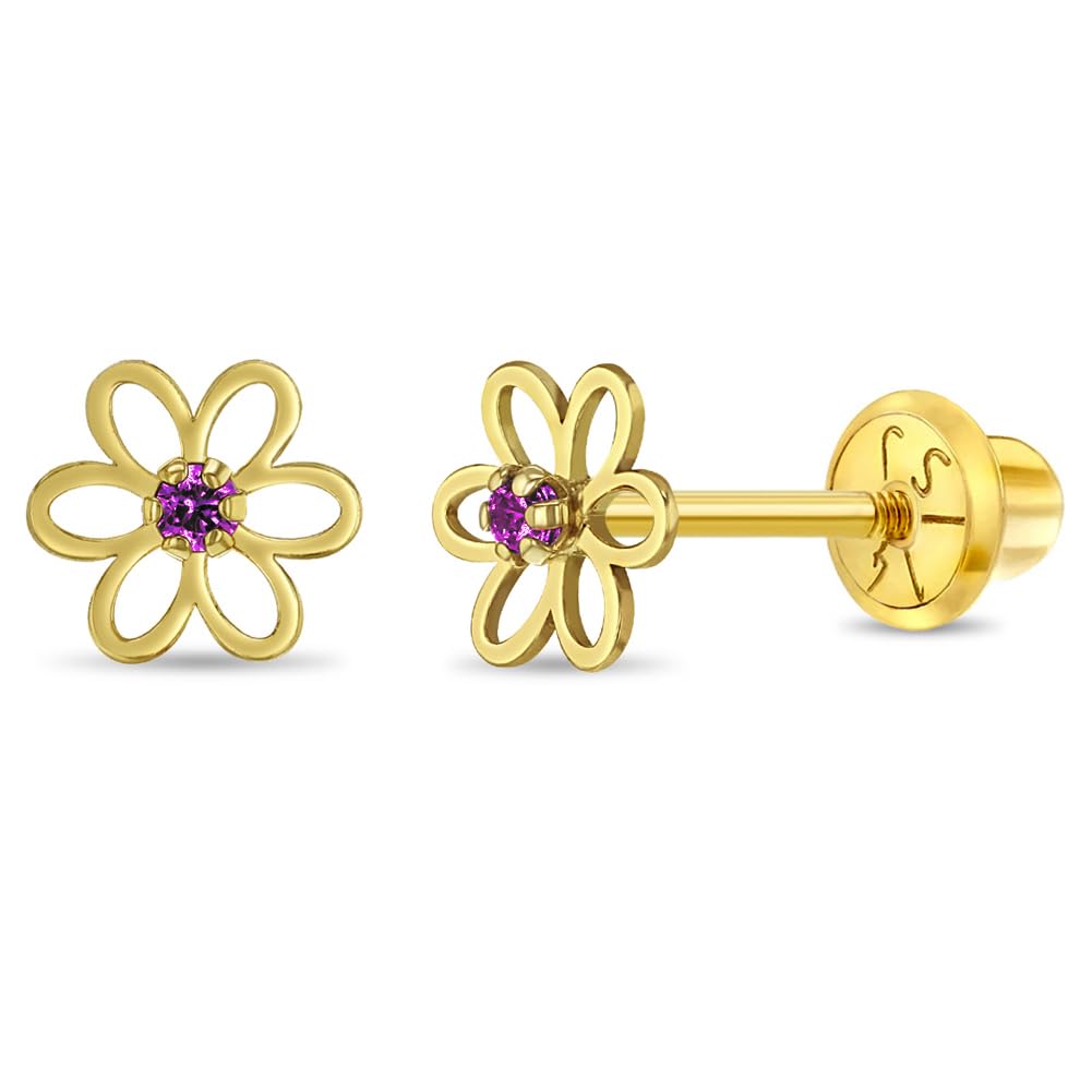 14k Yellow Gold Dainty Cubic Zirconia Young Girls Open Flower Earrings with Safety Screw Backs - Small Flower Stud Earrings for Toddlers with Locking Screw Backs for Safety & Comfort