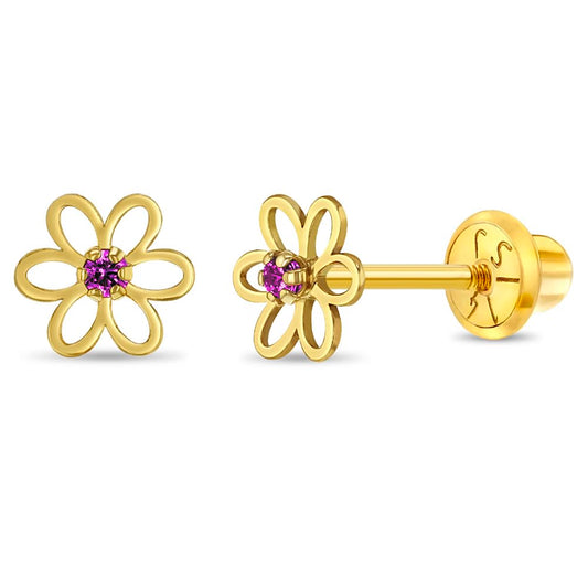 14k Yellow Gold Dainty Cubic Zirconia Young Girls Open Flower Earrings with Safety Screw Backs - Small Flower Stud Earrings for Toddlers with Locking Screw Backs for Safety & Comfort