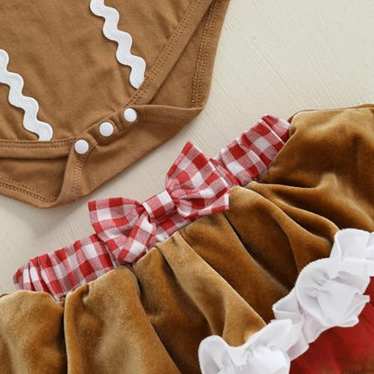 Baby Girl Christmas Outfit Gingerbread Ruffle Romper with Tutu Mini Skirt Shorts and Headband Set Fall Clothes