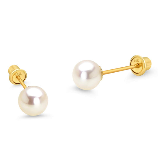 14k Yellow Gold 4-6mm Simulated Pearl Children Screw Back Baby Girls Earrings