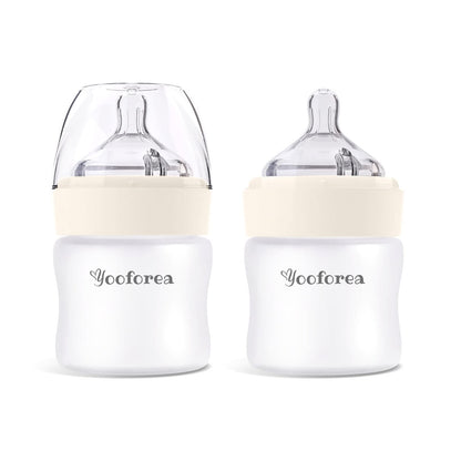 Yooforea Silicone Coated Glass Baby Bottle, 0M+ Slow Flow Nipple I Anti-Colic, Wide Neck, Stable Base I Medical-Grade Silicone Coating for Shatter Protection, BPA BPS PVC Free (3 Ounce-Honey)