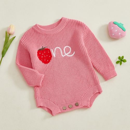 Baby Girl First Birthday Outfit One Year Old Strawberry Embroidery Knit Sweater Romper Warm Fall Winter Clothes