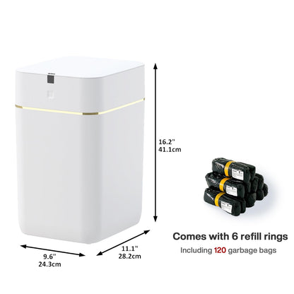 Automatic Trash Can, 4 Gallon Self Sealing and Self-Changing Smart Trash Can, Motion Sensor, Touchless Garbage can with lid for Kitchen Bathroom Office, 6 Refill Rings(A1, Golden line)