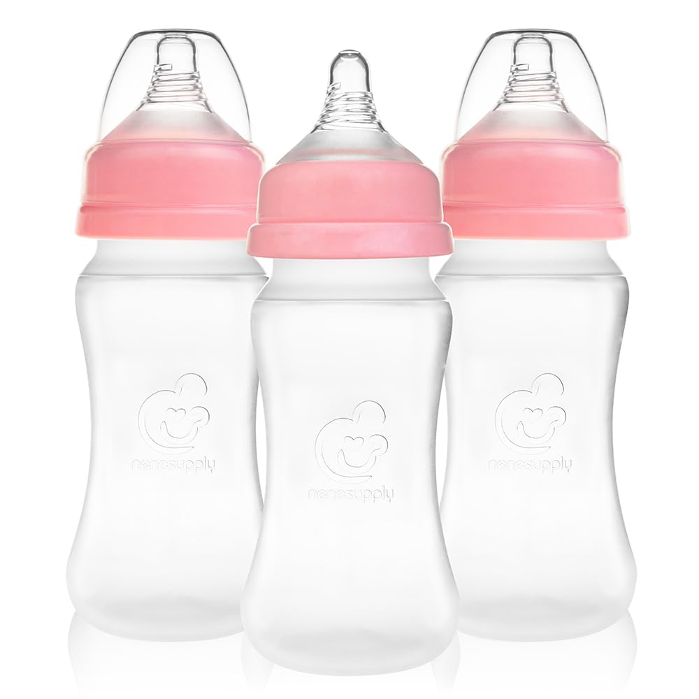 Nenesupply Natural Baby Bottles Newborn Feeding Bottles Slow Flow Breastfeeding Bottle for Breastfed Babies Wide Neck 9oz Anti Colic Level 2 Nipple for 1+ Month Infant Replace Spectra Bottle Pumping
