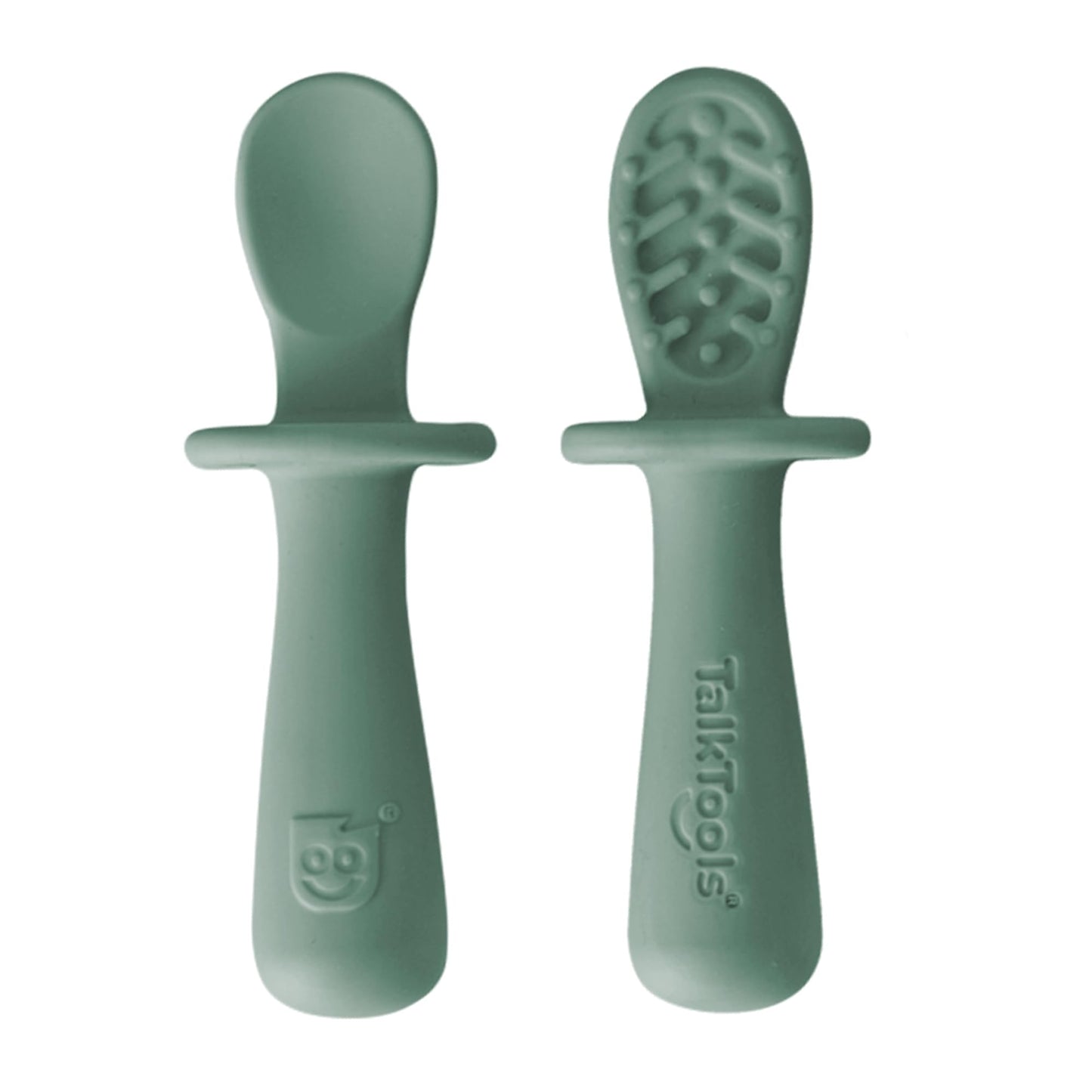 TalkTools ITSY Tiny Silicone Spoons – Twin Pack Soft Silicone Self-Feeding Training Spoons for Kids & Toddlers, Anti-Choking Flange Guard and Non-Slip Handle (Ocean)