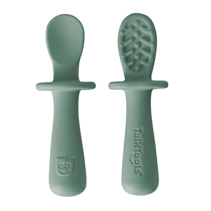 TalkTools ITSY Tiny Silicone Spoons – Twin Pack Soft Silicone Self-Feeding Training Spoons for Kids & Toddlers, Anti-Choking Flange Guard and Non-Slip Handle (Ocean)