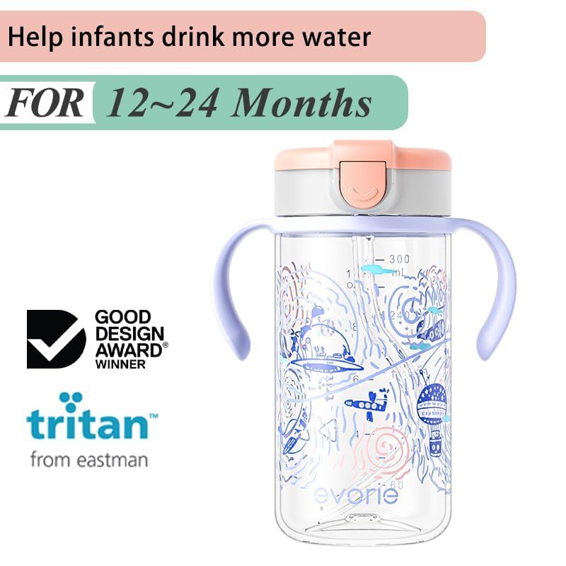 Evorie Tritan Spill Proof Toddler Straw Sippy Cup, 10 oz for Baby and Toddlers 1-3 Years Old, No Spill Straw Water Bottle with Removable Handles, Ideal for School, BPA-Free, Pink Rabbit