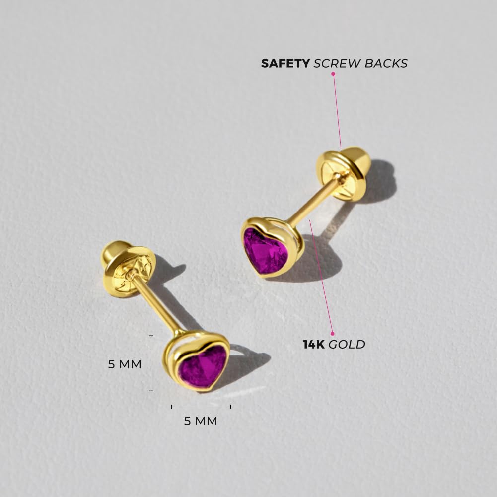 14k Yellow Gold 4mm Bezel Set Heart Cubic Zirconia Screw Back Earrings for Baby Girls, Toddlers and Young Girls - Cute Heart Earring Studs for Children with Locking Screw Backs for Kids