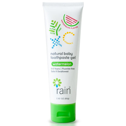Baby Toothpaste 6 to 12 Months - Rain Fluoride Free Tooth Paste Gel for Infant Toddler Kids 0-6 Years and Up, Safe to Swallow, 2.8 Oz, Babies Training, Xylitol, Vitamin C, Vegan, SLS Free, Gluten Free
