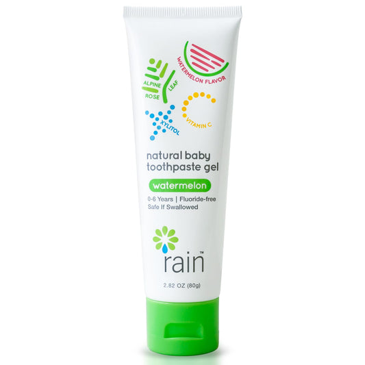 Baby Toothpaste 6 to 12 Months - Rain Fluoride Free Tooth Paste Gel for Infant Toddler Kids 0-6 Years and Up, Safe to Swallow, 2.8 Oz, Babies Training, Xylitol, Vitamin C, Vegan, SLS Free, Gluten Free