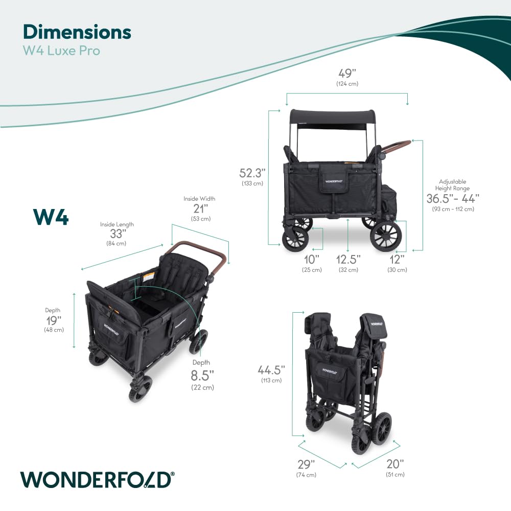 WONDERFOLD W4 Luxe Quad Stroller Wagon Featuring 4 High Face-to-Face Seats with Magnetic Buckle 5-Point Harnesses and Adjustable/Removable UV-Protection Canopy, Hunter Green
