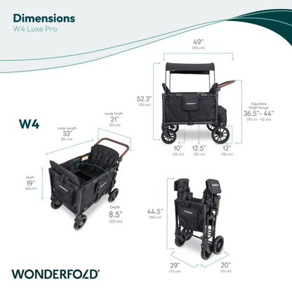 WONDERFOLD W4 Luxe Quad Stroller Wagon Featuring 4 High Face-to-Face Seats with Magnetic Buckle 5-Point Harnesses and Adjustable/Removable UV-Protection Canopy, Hunter Green