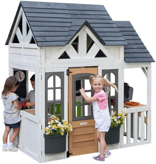 KidKraft Lantana Lane Outdoor Wooden Playhouse with Kitchen and Flap Door