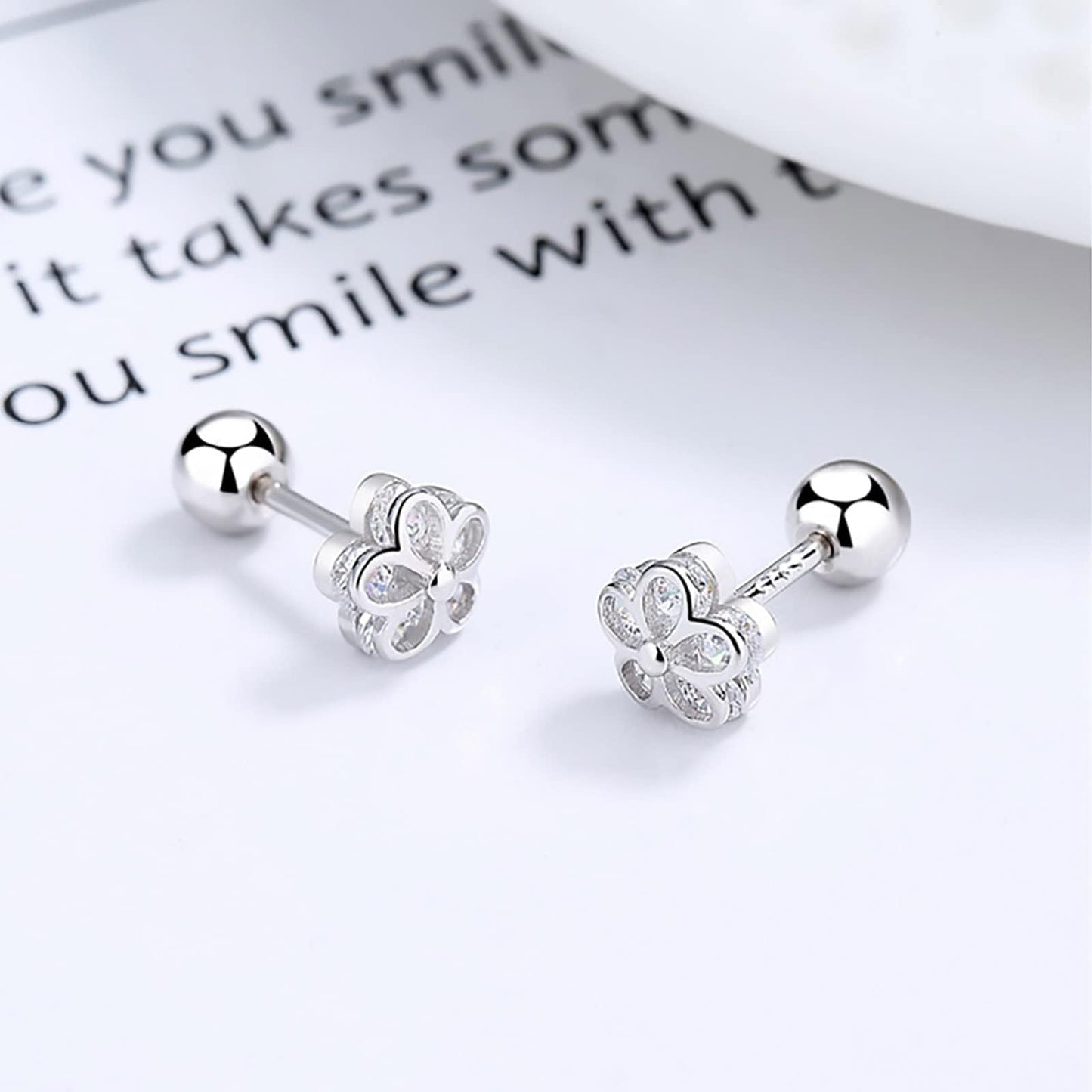 18K Gold Plated Sterling Silver Cubic Zirconia Screw Back Small Trendy Dainty Cute Flower Stud Earrings for Women with Jewelry Rose Box