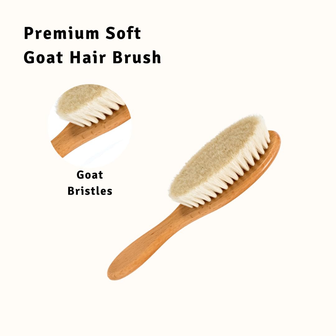 Baby Hair Brush with Soft Goat Bristles - Wooden Cradle Cap Brush for Newborns, Infants, Toddlers, and Kids - Gentle Scalp Grooming and Styling for Baby Girls and Boys (Sky)