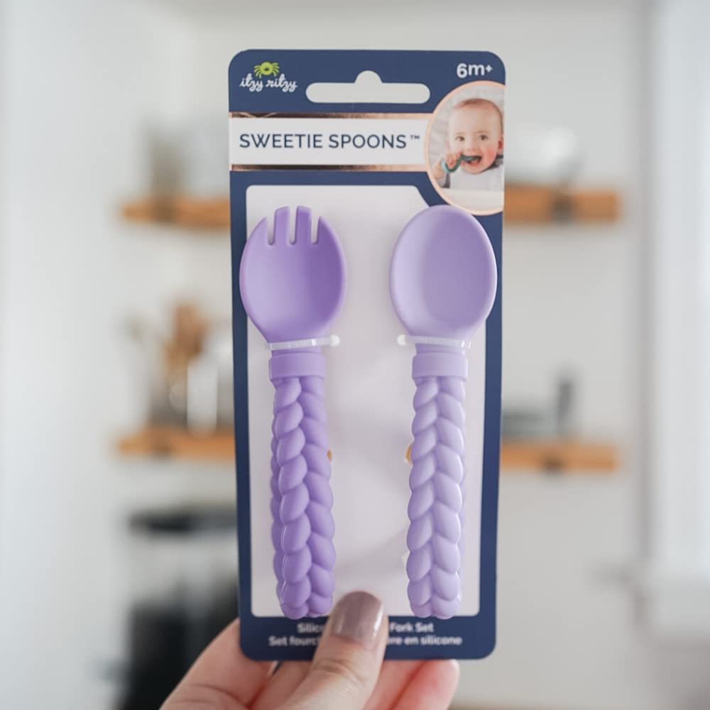 Itzy Ritzy Silicone Spoon & Fork Set; Baby Utensils Featuring a Baby Fork and Spoon with Looped, Braided Handles - Made of 100% Food Grade Silicone & BPA-Free - Ages 6 Months and Up (Pink)