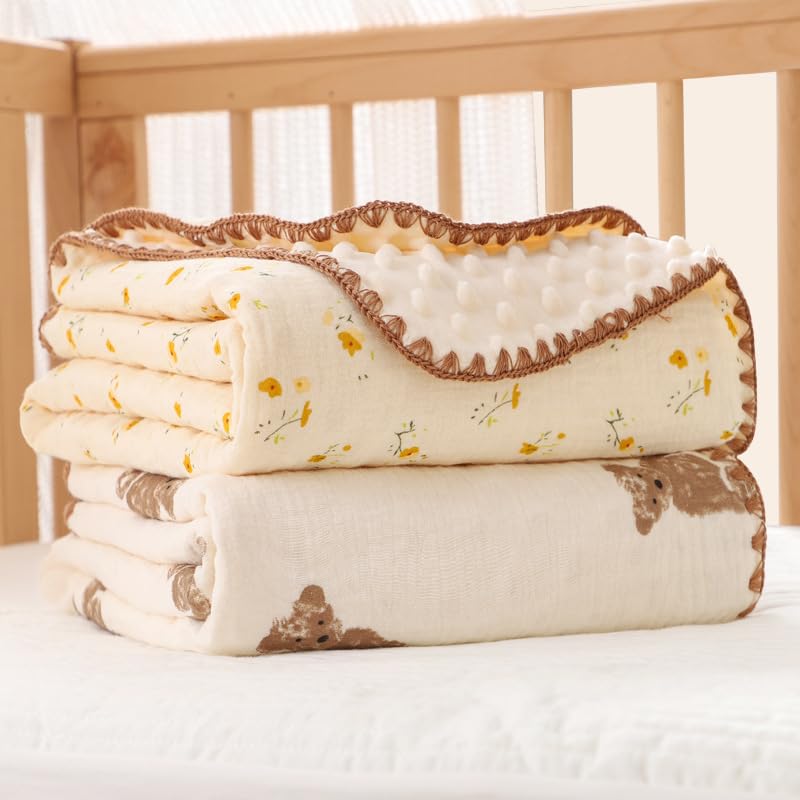 Baby Soft Muslin Thick Blanket Cotton and Dotted Backing Double Layer Receiving Blanket 40"x40" Bunny