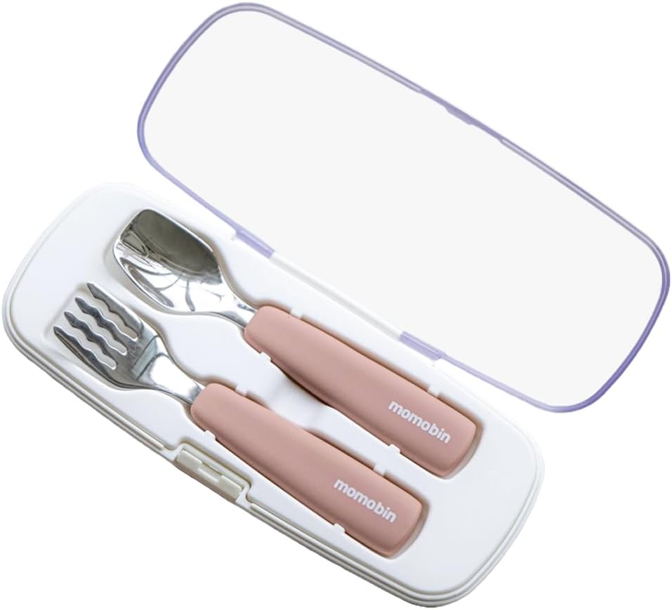MOMOBIN Toddler Utensils - Stainless Steel Fork & Spoon Set, Made in Korea, 100% Silicone Easy-Grip Handles with Storage Case, Dishwasher Safe for Kids, Baby, School Lunch, Travel & Outdoors