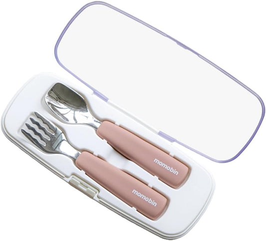 MOMOBIN Toddler Utensils - Stainless Steel Fork & Spoon Set, Made in Korea, 100% Silicone Easy-Grip Handles with Storage Case, Dishwasher Safe for Kids, Baby, School Lunch, Travel & Outdoors