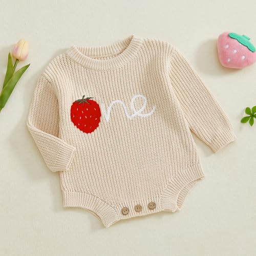 Baby Girl First Birthday Outfit One Year Old Strawberry Embroidery Knit Sweater Romper Warm Fall Winter Clothes