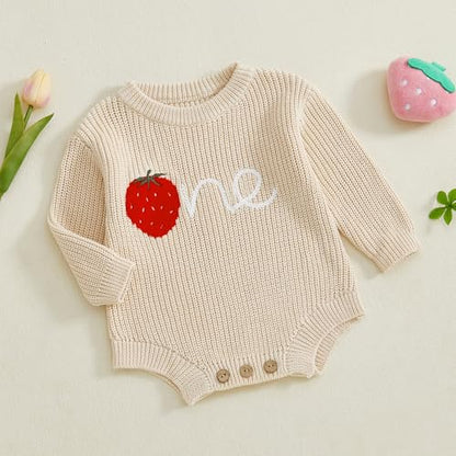 Baby Girl First Birthday Outfit One Year Old Strawberry Embroidery Knit Sweater Romper Warm Fall Winter Clothes