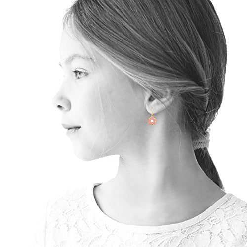 Little Miss Twin Stars Girls Earrings - 14k Gold Plated Flower Leverback Earring - Hypoallergenic and Nickel Free For Sensitive Ear
