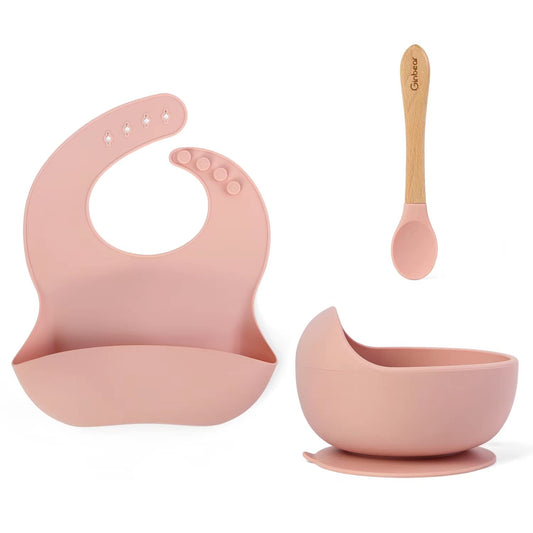 Ginbear Baby Bowls with Suction, Silicone Bibs, Self Feeding Spoons, Led Weaning Supplies, Toddler Eating Set for Ages 6 Months+ (Baby Pink)