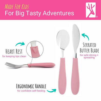 Elk and Friends Kids Silverware with Silicone Handle | Childrens Safe Flatware | Kids Utensils | Spoon + Fork + Knife set | 4 years+ | 6 Pieces