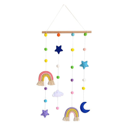 Macrame Rainbow Wall Hanging for Nursery Room,URMAGIC Rainbow Hanging Photo Display with Pom Pom Ball and 25 Photo Clips,Wood Mobile Bed Bell with Moon,Cloud and Stars,Baby Crib Hanging Toys