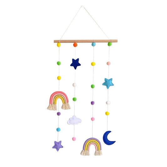 Macrame Rainbow Wall Hanging for Nursery Room,URMAGIC Rainbow Hanging Photo Display with Pom Pom Ball and 25 Photo Clips,Wood Mobile Bed Bell with Moon,Cloud and Stars,Baby Crib Hanging Toys