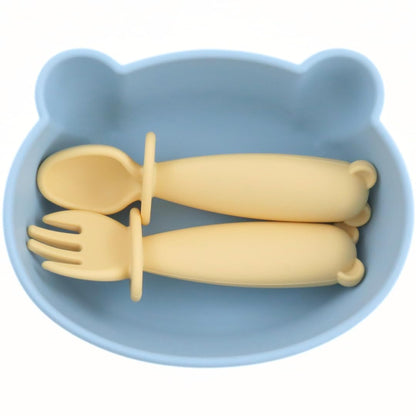 Bear Silicone Baby Bowl Suction Baby Spoon and Fork for Babies 6 months+ Suction Bowls for Baby Utensils 6-12M+ BLW Essentials (Peach Lilac)