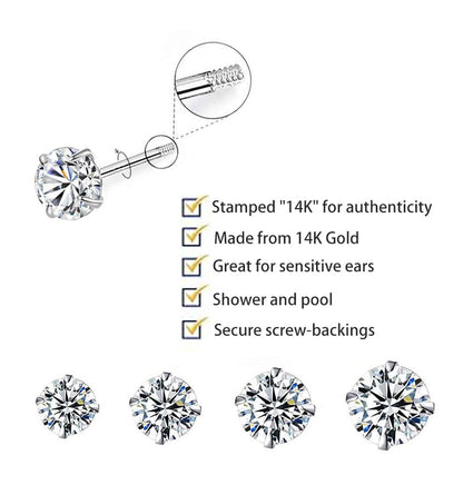 14K Yellow Gold Round Cubic Zirconia Stud Earrings, Classic Solitaire Design with Secure Screw-Back Closure, Versatile Sizes