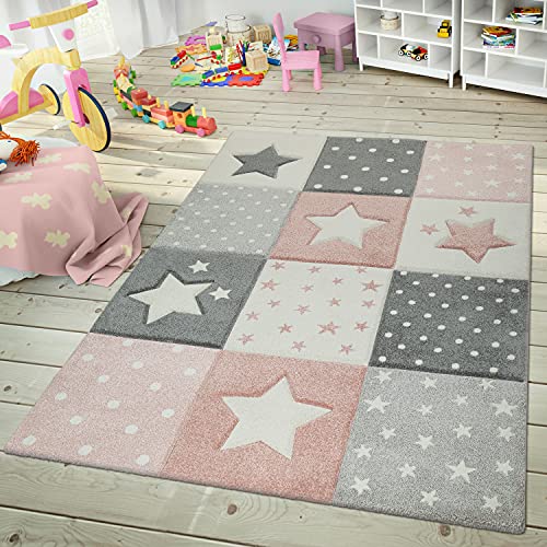 Paco Home Kids Rug for Nursery Checkered with Dots & Stars in Blue White Grey, Size: 3'11" Round