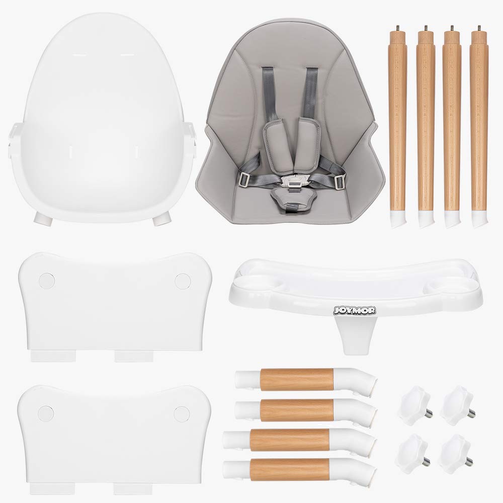 JOYMOR 5-in-1 Convertible Baby High Chair for Babies and Toddlers, Table and Chair Set, Wooden Infant Eating Highchair with Leather Seat Cushion, 4-Position Removeable & Adjustable Tray (Biege)