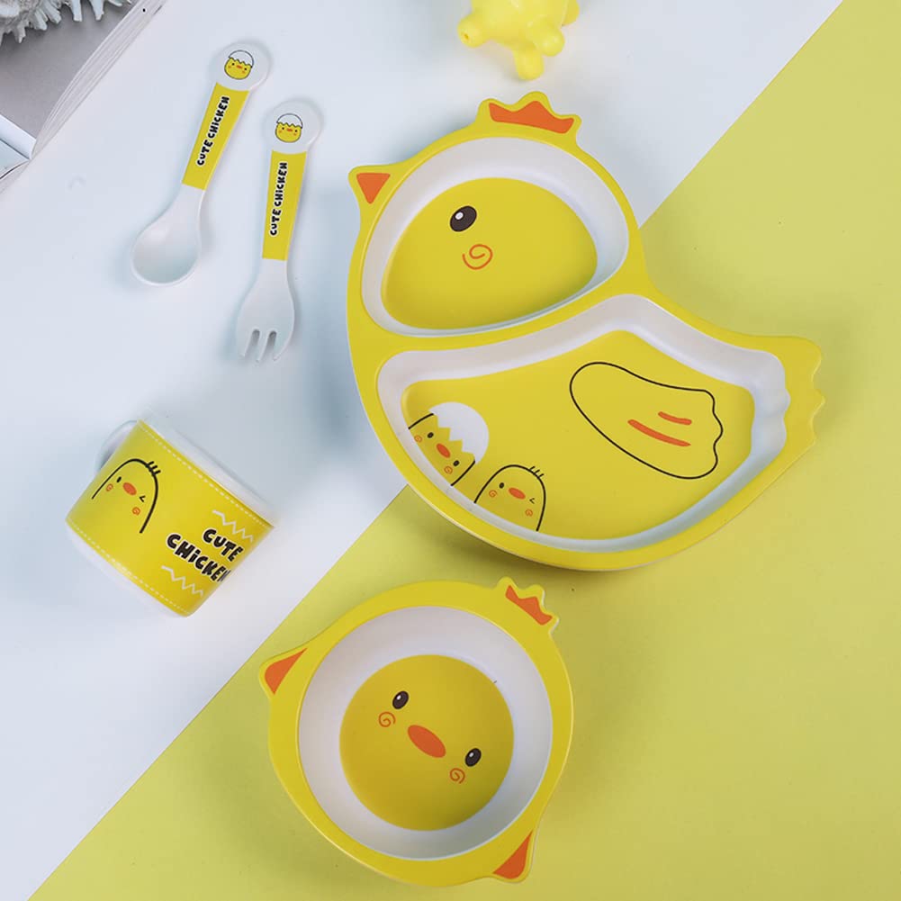 Bamboo Kids Dinnerware Set 5 Pcs Includes Plate Bowl Cup Fork Spoon Perfect for Kids BPA-Free (Little Dinosaur)