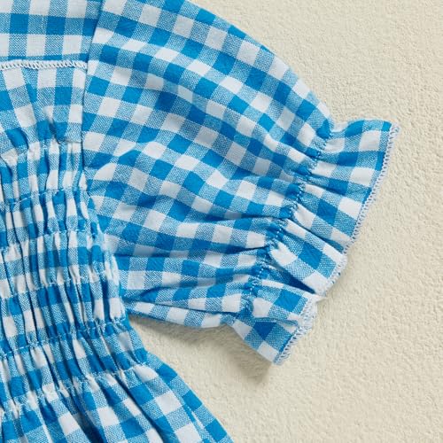 Infant Baby Girls Romper Ruffle Sleeve Pleated Smocked Bubble Plaid One Piece Ruched Jumpsuit Summer Bodysuit