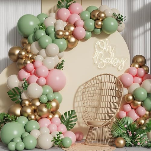 Baby in Bloom - Kit de arco de globos de 139 piezas, guirnalda de globos color verde salvia pastel y rosa para decoración de fiesta de cumpleaños de baby shower
